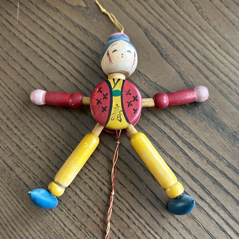 Vintage Hand Painted Wooden Jumping Jack Pull String Toy Asian Folk Art Ornament